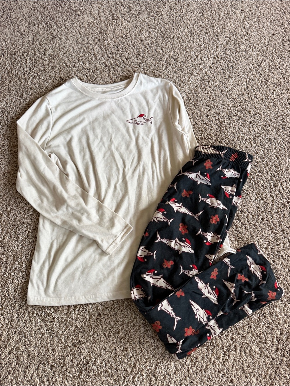 Cat & Jack Cream Long Sleeve Top with Black Shark Print Pajama Pants